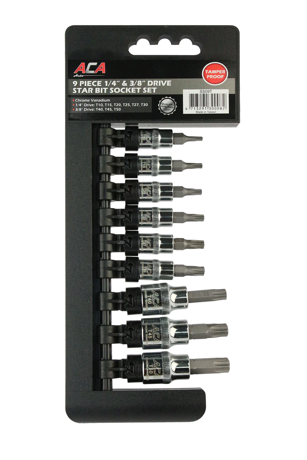 SOCKETS - STAR BIT SET - 9 PC SKU:SS09T  STAR BIT SOCKET - 9PC TAMPER-PROOF 1/4 X 3/8" DRIVE CRV CHROME FINISH